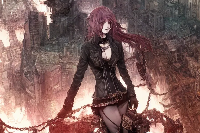 Image similar to goth woman in front of city, color page, tankoban, 4 k, tone mapping, akihiko yoshida, james jean andrei riabovitchev marc simonetti, yoshitaka amano, long hair, curly, h. hydrochaeri