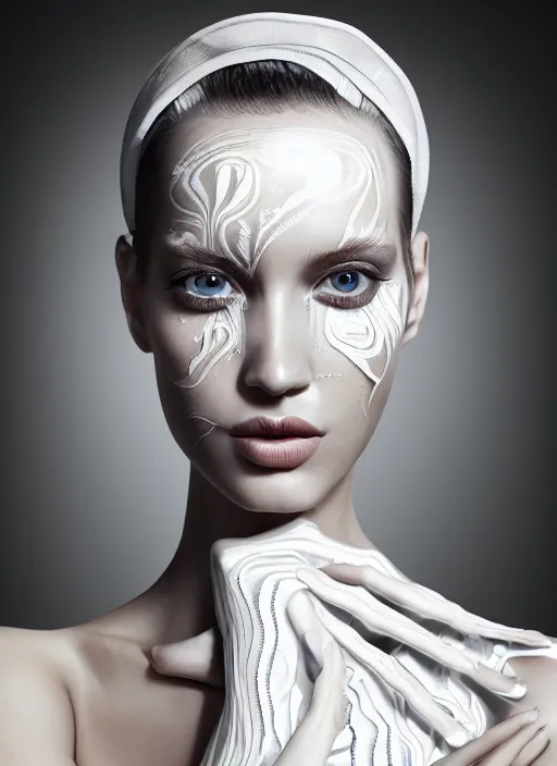 Image similar to a happy nubile young woman with reflections in her eyes and slicked hair, painted with intricate white paint pattern, asymmetrical, clear skin, futuristic, elegant, graceful, fashionable, cinematic, hyperdetailed illustration by irakli nadar and alexandre ferra, depth of field, global illumination,