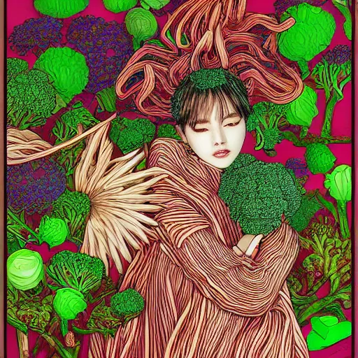 Prompt: the portrait of an unbelievably beautiful, elegant, and sophicated young korean instagram model partially made of broccoli, an ultrafine detailed illustration by james jean, intricate linework, bright colors, final fantasy, behance contest winner, vanitas, angular, altermodern, unreal engine 5 highly rendered, global illumination, radiant light, detailed and intricate environment