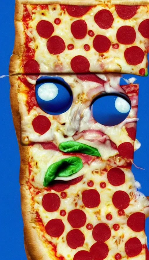 Image similar to a french slice of pizza with a toothy grin and big blue eyes, cartoonish, photorealistic, 4 k, polaroid, surreal, vaporwave