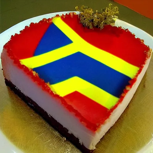 Prompt: slice of cake, the cake has the pattern of the south african flag, south african, realistic photograph