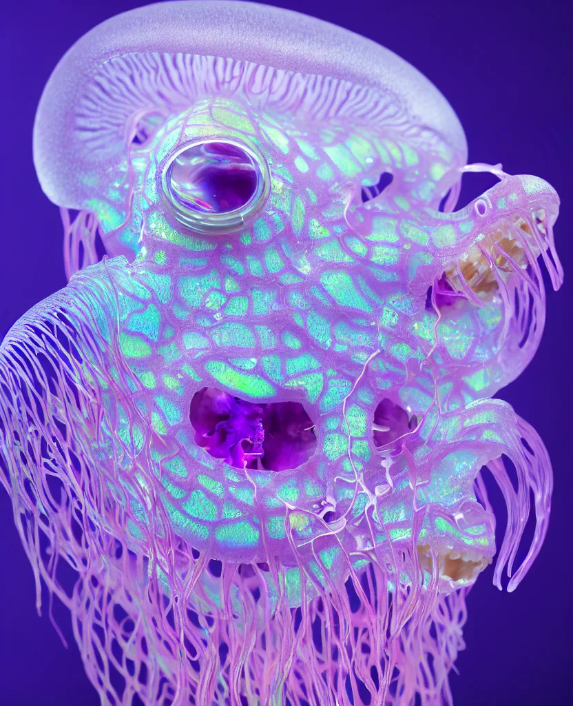 Prompt: close-up portrait. dichroic orchid jellyfish skull, betta fish, bioluminiscent creatures, intricate artwork by Tooth Wu and wlop and beeple. octane render, trending on artstation, greg rutkowski very coherent symmetrical artwork. cinematic, hyper realism, high detail, octane render, 8k