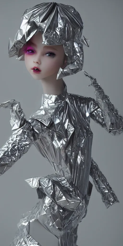 Image similar to porcelain doll woman colorful reflective metal couture dress, silver coins, paper origami, video game arcade, tropical lighting, 3D, very detailed, octane render, trending ArtStation, artgem