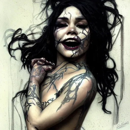 Image similar to beautiful portrait of vanessa hudgens as death from sandman, smiling, by cedric peyravernay, alphonse mucha, by jeremy mann, by lecouffe deharme, goth chic, soft lightning, eyeliner, punk rock, high detailed, 8 k