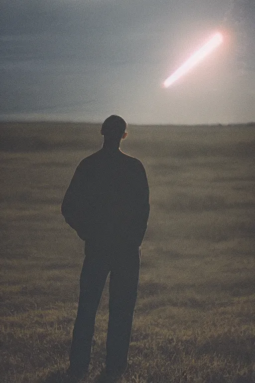 Prompt: agfa vista 4 0 0 photograph of a guy on fire standing in a field, back view, synth vibe, vaporwave colors, lens flare, moody lighting, moody vibe, telephoto, 9 0 s vibe, blurry background, grain, tranquil, calm, faded!,