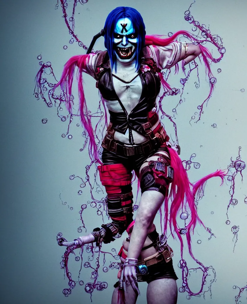 Image similar to Regan (The Exorcist) as Harley Quin (The Suicide Squad), epic angle and pose, symmetrical artwork, 3d with depth of field, blurred background, cybernetic jellyfish female face skull phoenix bird, translucent, nautilus, energy flows of water and fire. a highly detailed epic cinematic concept art CG render. made in Maya, Blender and Photoshop, octane render, excellent composition, cinematic dystopian brutalist atmosphere, dynamic dramatic cinematic lighting, aesthetic, very inspirational, arthouse. y Greg Rutkowski, Ilya Kuvshinov, WLOP, Stanley Artgerm Lau, Ruan Jia and Fenghua Zhong