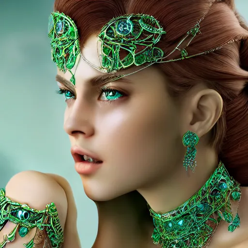 Image similar to wonderful princess with smooth fair skin, alluring eyes, green jewelry, breathtaking, elegant, intricate, hyper detailed, accent lighting, 4 k glamour photography, octane render