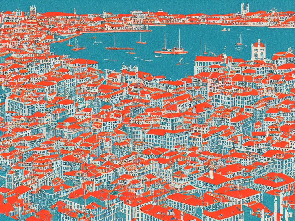 Prompt: Lisbon from a birds eye view, flat design, screen print by Kawase Hasui, jeffrey smith and Yves Klein