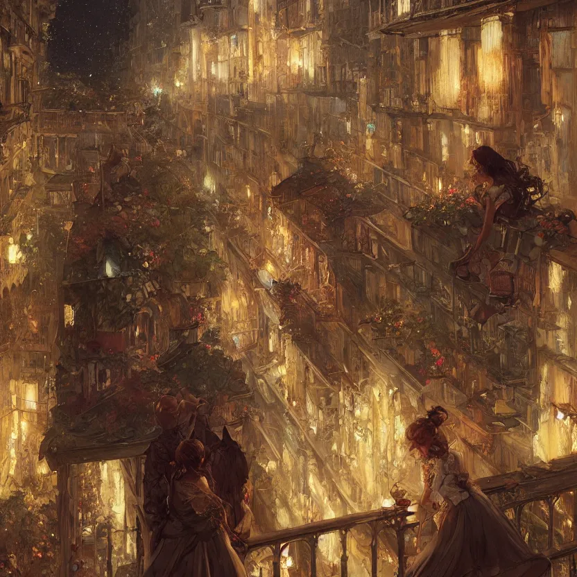 Image similar to a beautiful realistic painting of a firework festival on a balcony at night, intricate, elegant, highly detailed, digital painting, artstation, nier automata concept artsyle, by krenzcushart, artem demura, makoto shinkai, alphonse mucha