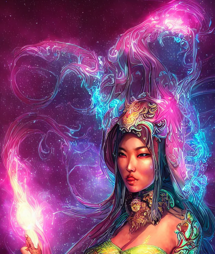 Prompt: asian female Void Walker, slavic style, bikini, intricate details, colourful, atmospheric light, cosmic background, by Randy Vargas and Arthur Adams