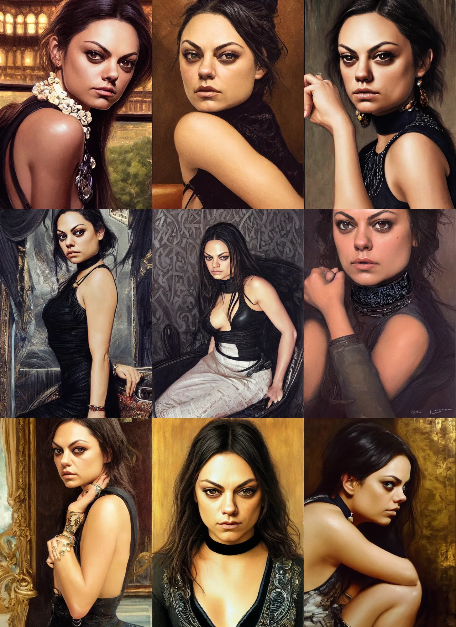 Prompt: mila kunis sitting across the camera wearing a black choker staring into the camera, point of view, expensive restaurant, intricate, elegance, highly detailed, shallow depth of field, artgerm, donato giancola, joseph christian leyendecker