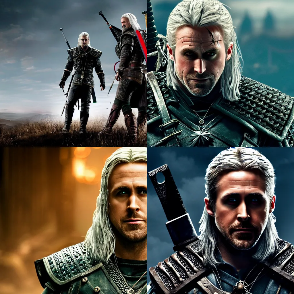 Prompt: Ryan Gosling as witcher with company in the city , 4k , cinema,