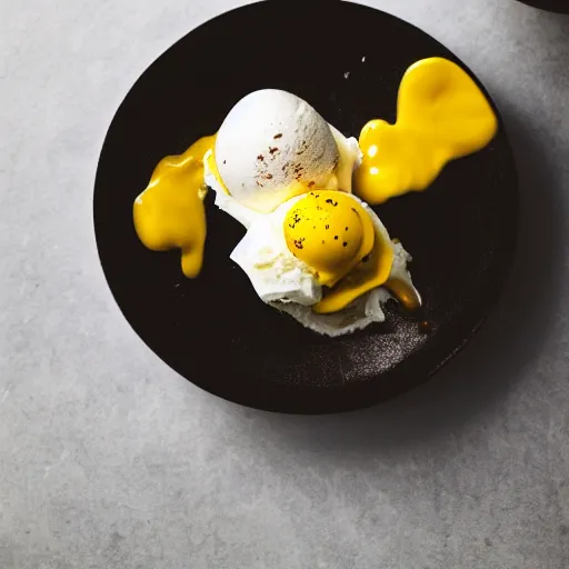 Image similar to ice cream with eggs and mustard on it, food photography, highly detailed