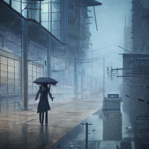 Prompt: raining dark smog dieselpunk dystopia makoto shinkai corrogated steel walkway