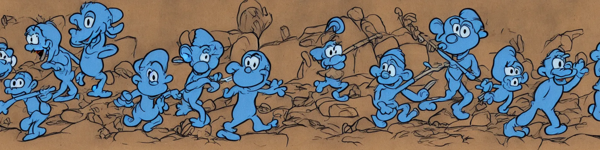 Prompt: in highly detailed color drawing of smurfs and long bones