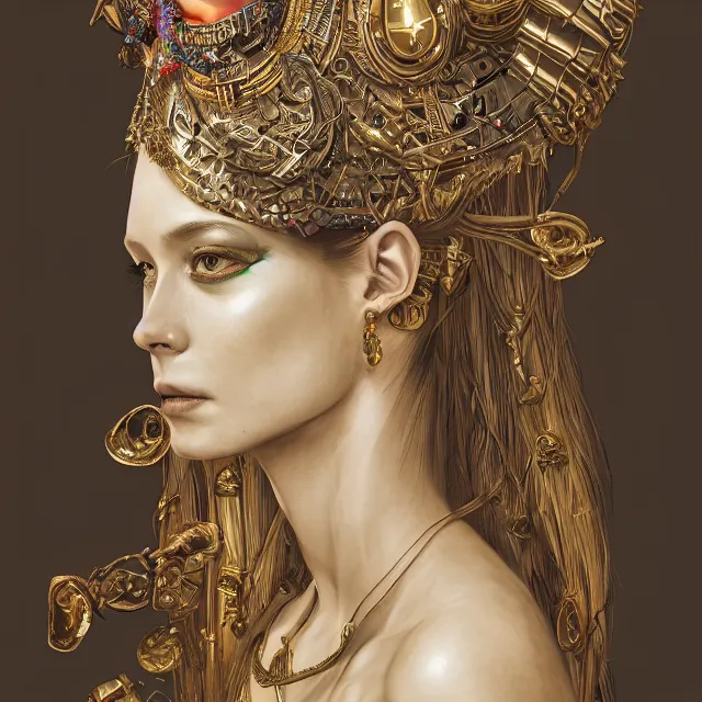 Image similar to the portrait of the cleopatra personified as charlotte de witte, absurdly beautiful, graceful, elegant, sophisticated, young woman, an ultrafine hyperdetailed illustration by kim jung gi, irakli nadar, intricate linework, bright colors, octopath traveler, final fantasy, unreal engine 5 highly rendered, global illumination, radiant light, detailed and intricate environment