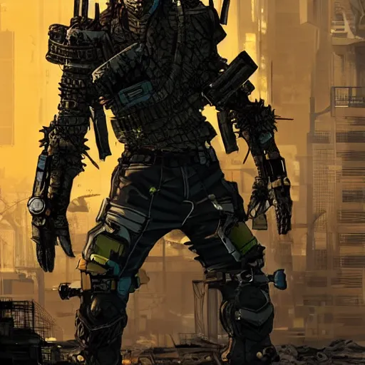 Image similar to a post-apocalyptic cyberpunk grimdarka bandit-raider leader in the style of leonard boyarsky in the style of Yoji Shinkawa detailed realistic HD 8k High Resolution