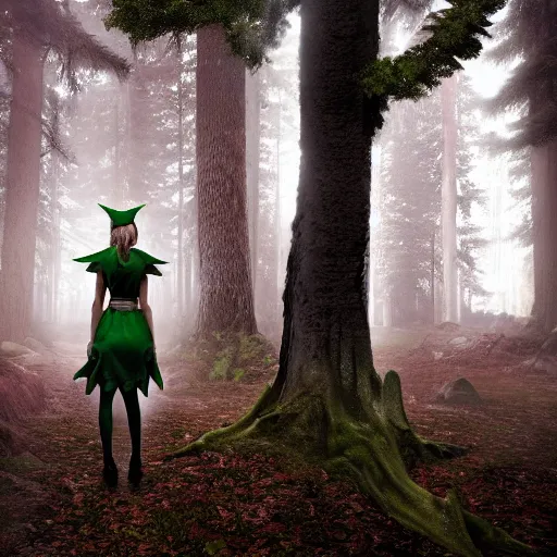 Prompt: Photo of Claire Boucher, an elf, standing in a forest, fantasy RPG, dark woods in the background, Godrays peaking through the tree, 8k