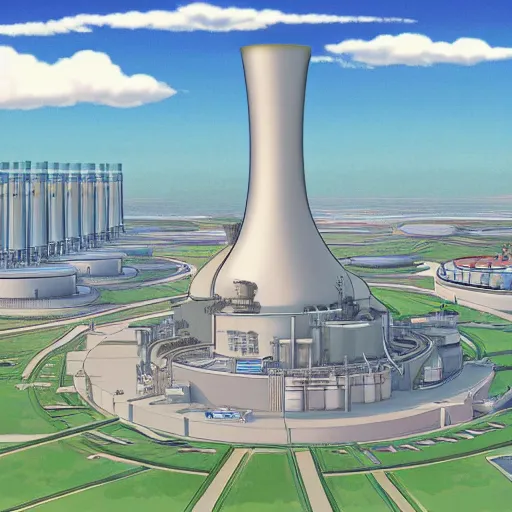 Image similar to illustration of an advanced nuclear power plant, studio ghibli, ultra hd