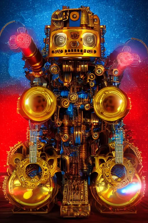 Image similar to portrait photo of a giant huge golden and blue metal steampunk robot covered with multicolored guitars and gears and tubes, eyes are glowing red lightbulbs, shiny crisp finish, 3 d render, 8 k, insaneley detailed, fluorescent colors, background is multicolored lasershow