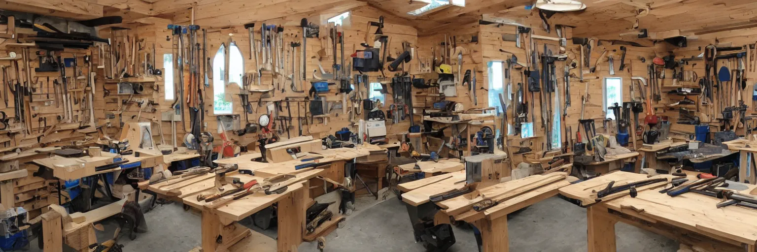 Image similar to A wood workers workshop with a lot of tools wide