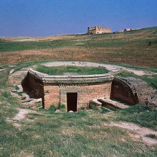 Prompt: photograph the ruined well preserved street in an ancient city surrounded by a hilly steppe with lush grasslands. the architecture is a mixture of geometric byzantine architecture and ancient indian architecture. wide angle 3 5 mm color film photograph.