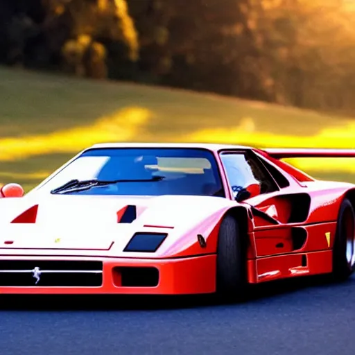 Prompt: arnold schwarzenegger driving a ferrari f 4 0, photo of the year, golden hour, highly detailed