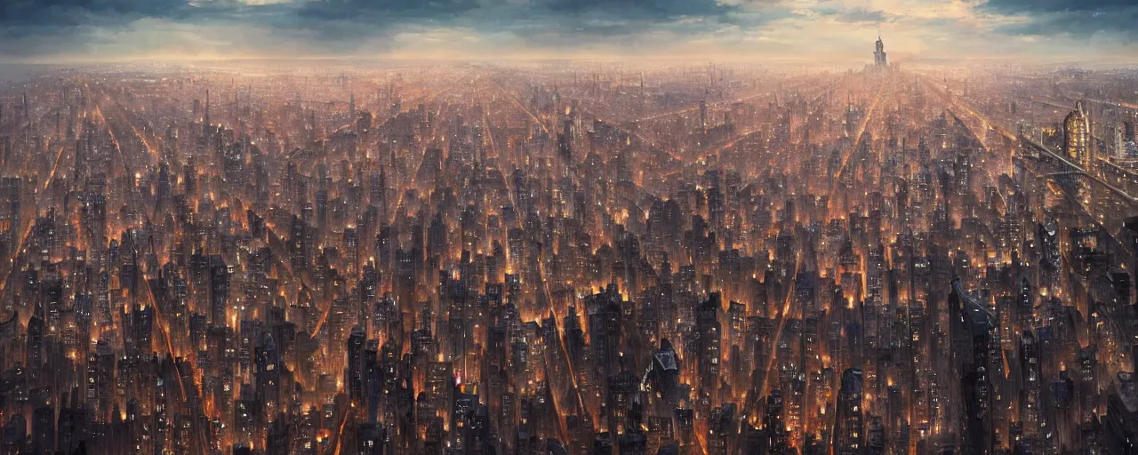 Image similar to stunning photo of all of manhattan. aerial. cinematic lighting. art by greg rutkowski and william o'connor