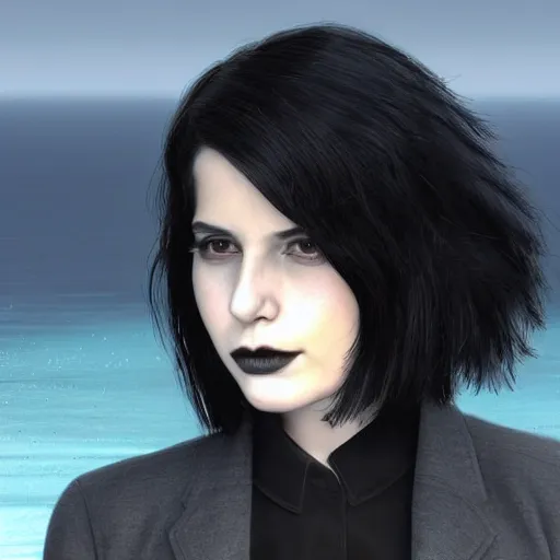 Prompt: 1 7 - year - old pale - skinned persian girl with black long bob cut, black gothic jacket, blue jeans, psychic girl, psychokinetic girl, standing on cliff along the irish coast, overcast gray skies, ultra - realistic, sharp details, subsurface scattering, intricate details, cold lighting, highly detailed, photorealistic, octane render, art by artgerm