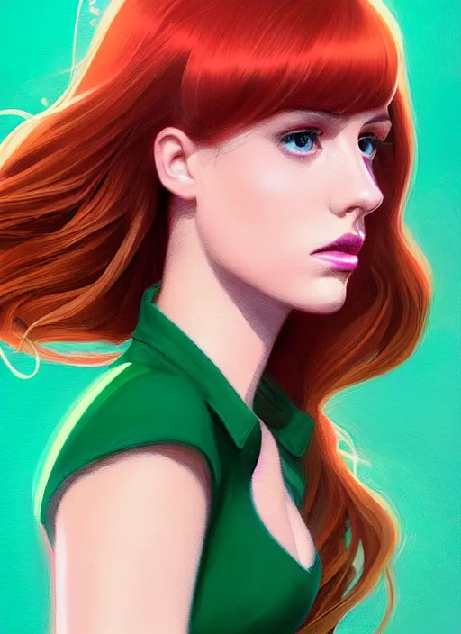 Image similar to full body portrait of teenage cheryl blossom, bangs, green eyes, sultry expression, red hair, sultry smirk, bangs and wavy hair, pink skirt, bangs, intricate, elegant, glowing lights, highly detailed, digital painting, artstation, concept art, smooth, sharp focus, illustration, art by wlop, mars ravelo and greg rutkowski