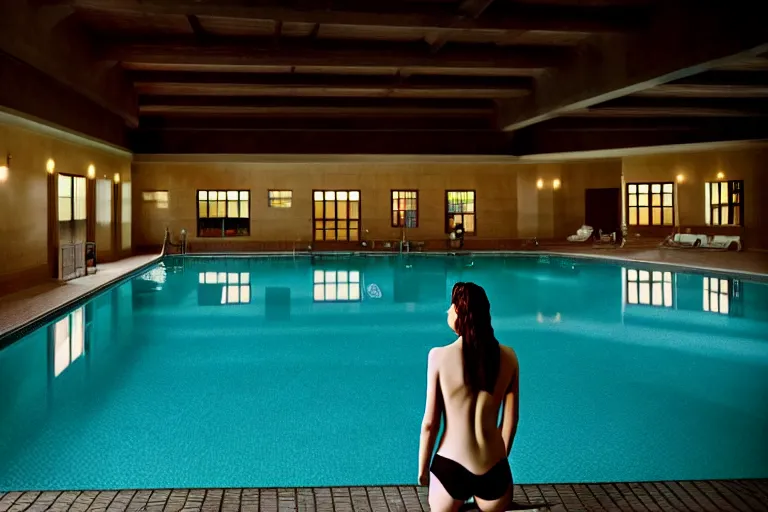 Prompt: portrait at an indoor swimming pool, photography by gregory crewdson, cinematic, elegant, real dlsr photography, sharp focus, 4 k, ultra hd, sense of awe