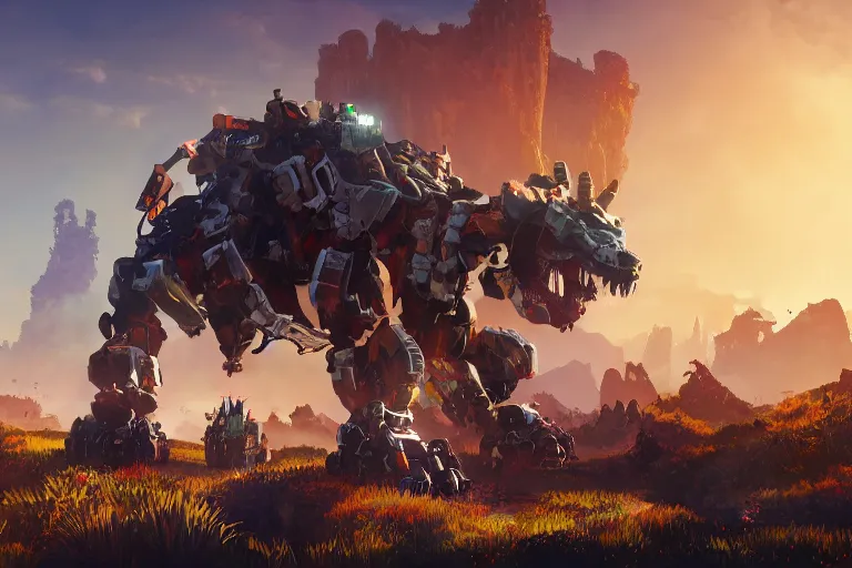 Image similar to behemoth machine mecha animal beast robot of horizon forbidden west horizon zero dawn bioluminiscence global illumination ray tracing hdr fanart arstation by sung choi and eric pfeiffer and gabriel garza and casper konefal