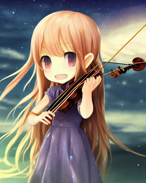 Image similar to chibi, cute, female, full body, elf girl with white skin and golden long wavy hair, holding a violin and playing a song, stunning art style, filters applied, lunar time, night sky, trending art, sharp focus, centered, landscape shot, fate zero, simple background, studio ghibly makoto shinkai yuji yamaguchi, by wlop