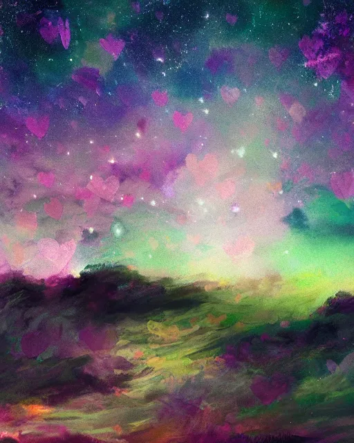 Prompt: cracked pink hearts on the starry night sky | landscape | trending on artstation