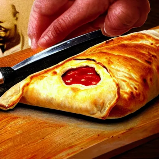 Image similar to al capone as a calzone being turned into a calzone as a calzone but still with the face of al capone being baked in an oven as a calzone, realistic, hyperrealistic, ultra realistic, real, real world, highly detailed, very detailed, extremely detailed, intricate details, 8 k resolution, hd quality