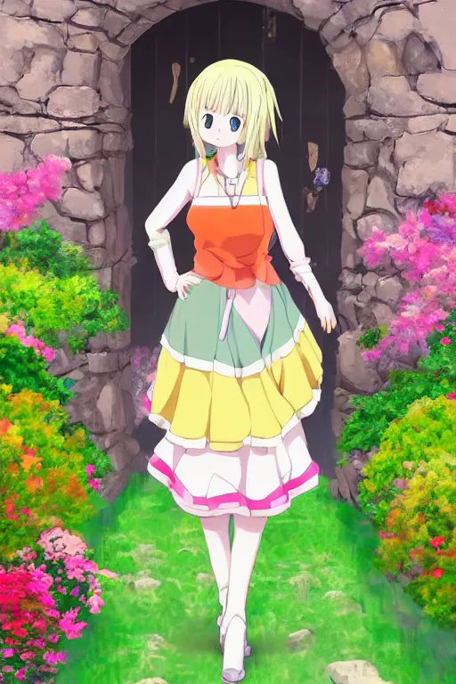 Prompt: a very cute art of a smiling blonde anime girl idol wearing a colorful dress walking at the garden, in the style of anime, near a stone gate