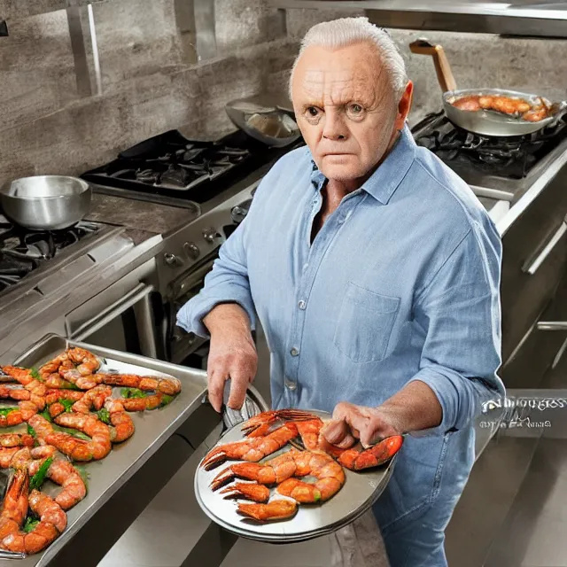 Image similar to anthony hopkins cooking king prawns in a large photo realistic pan