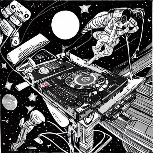 Image similar to james jean, mcbess art of a dj playing in outerspace, sketch