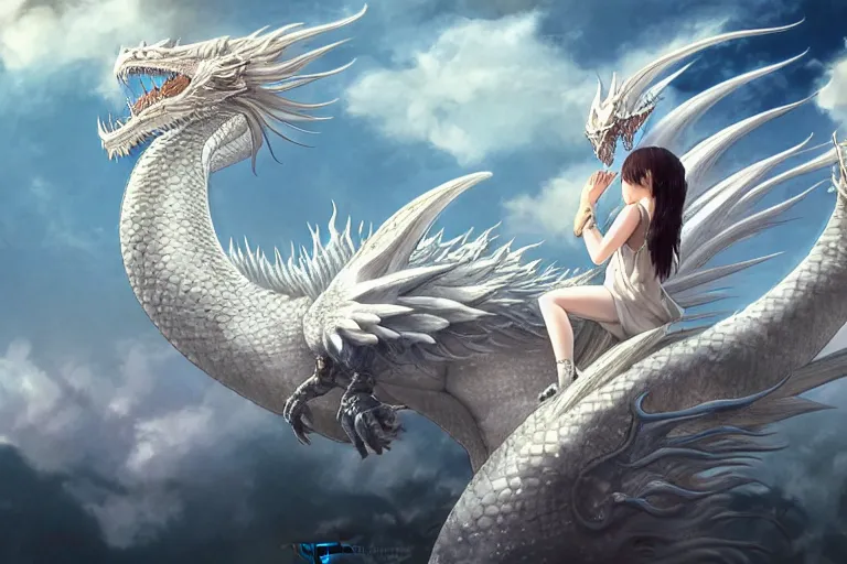 Image similar to the beautiful hyper detailed big scene render that a beautiful girl sitting on the back of a huge silver white dragon alone in fairyland surrounded by white clouds, finely detailed angelic face delicate features, style of studio ghibli, makoto shinkai, artgerm, karol bak, kazuki tanahashi, james jean, ross tran, xision, ultra wide angle