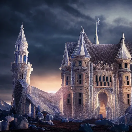 Image similar to medieval baroque castle made of crystal shards, epic landscape, iceland photography, cinematic, octane render, art station, dramatic lighting, beautiful dusk sky, concept art, rococo, photorealistic, intense detail, 8 k