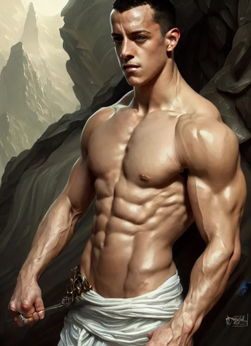 Image similar to portrait of aggressive lucas vazquez, d & d, muscular! white, fantasy, intricate, elegant, highly detailed, digital painting, artstation, concept art, smooth, sharp focus, illustration, art by artgerm and greg rutkowski and alphonse mucha