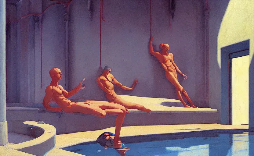 Image similar to Inside a greek dungeon with a big pool, very coherent, painted by Edward Hopper, Wayne Barlowe, painted by James Gilleard, airbrush, art by JamesJean