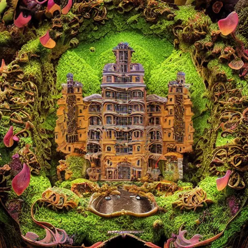 Image similar to “Moulded transilvanian castle in a valley of psychedelic mushrooms, Photography, Shot on 70mm, Super-Resolution Microscopy, Exposure, Megapixel, Evil, Nano, Moss, Tremella-Fuciformis, Ray Tracing Reflections, Ray Traced, insanely detailed and intricate, hypermaximalist, elegant, ornate, hyper realistic, super detailed”