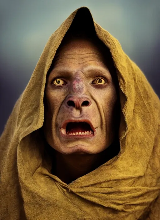 Image similar to closeup portrait of a startled medieval goblin, depth of field, zeiss lens, detailed, symmetrical, centered, fashion photoshoot, by annie leibovitz and steve mccurry, david lazar, jimmy nelsson, breathtaking, 8 k resolution, extremely detailed, beautiful, establishing shot, artistic, hyperrealistic, beautiful face, octane render