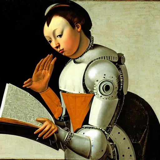 Image similar to a robot reading a book by caravaggio