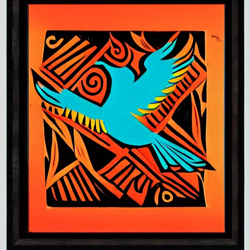 Image similar to a bird rising above the flames, mexican folk art, native american folk art, relief engraving, framed art, simple, mild expressionism, award winning