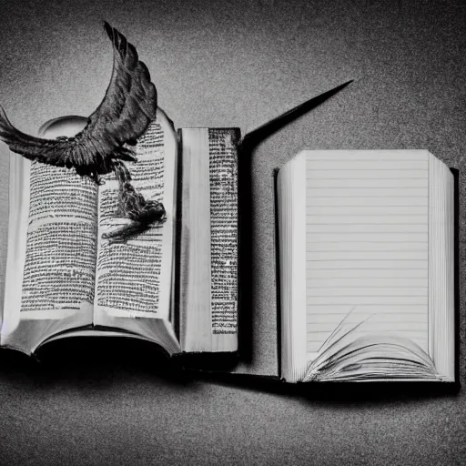 Image similar to a medium shot of a book sitting on a crowed desk, the book is closed, the cover is illustrated with a picture of icarus, beside the book is an ancient scroll, dark, single light, vignette, magic, fantasy, 4 k