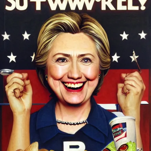 Image similar to hilary clinton super excited to be working at subway, sarcastic, by norman rockwell hyperrealism 8 k