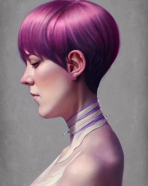 Prompt: portrait of a half elf woman with pink layered bob haircut, intricate, elegant, highly detailed, digital painting, artstation, concept art, smooth, sharp focus, illustration, art by artgerm and greg rutkowski and alphonse mucha and uang guangjian and gil elvgren and sachin teng and wlop, symmetry