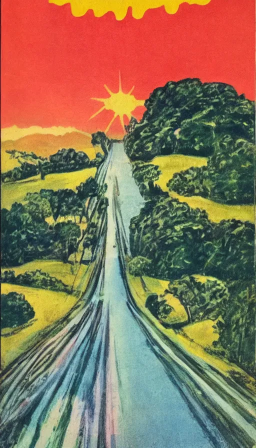 Image similar to paperback book cover. 1 9 5 0 s. pure colors, melting clouds, accurately drawn details, a sunburst above a receding road with the light reflected in furrows and ruts, after rain. and no girls.